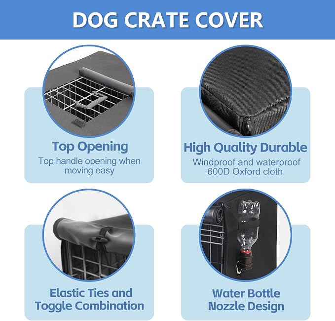 Dog Crate Cover Heavy Duty Oxford Fabric for 42-Inch Wire Crates | Black Kennel Cover Only, Fits 1 & 2 Door Wire Cages, Provides Privacy & Comfort Space, Includes Water Bottle Sipper Tube - Image 2