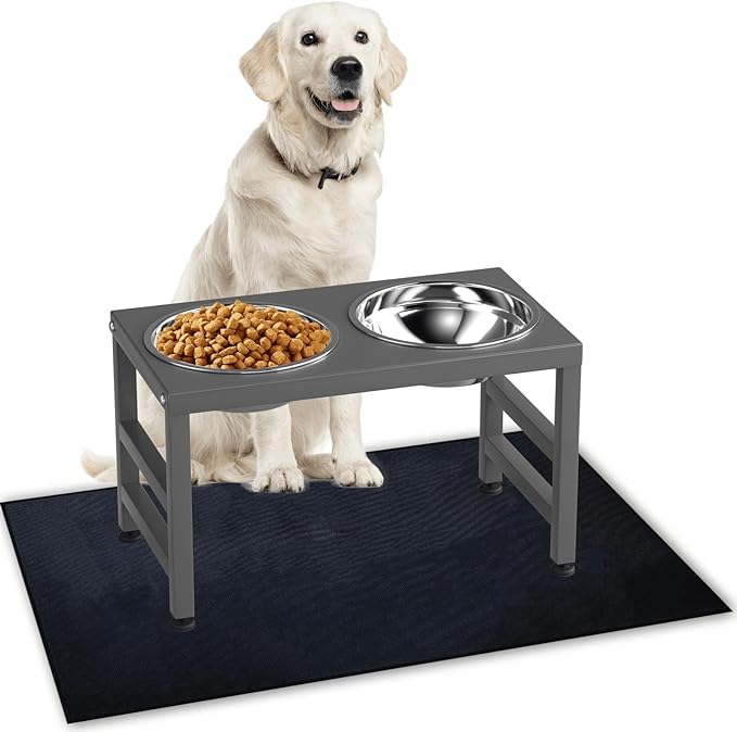 ADENGL Metal Raised Dog Bowl, 10" Height Tall Elevate Dog Feeder Stand with 2 Stainless Steel 42oz Bowls & 16x24 Non-Slip Mat – Stronger Dogs Food & Water Bowl Stand (Grey) by ADENGL