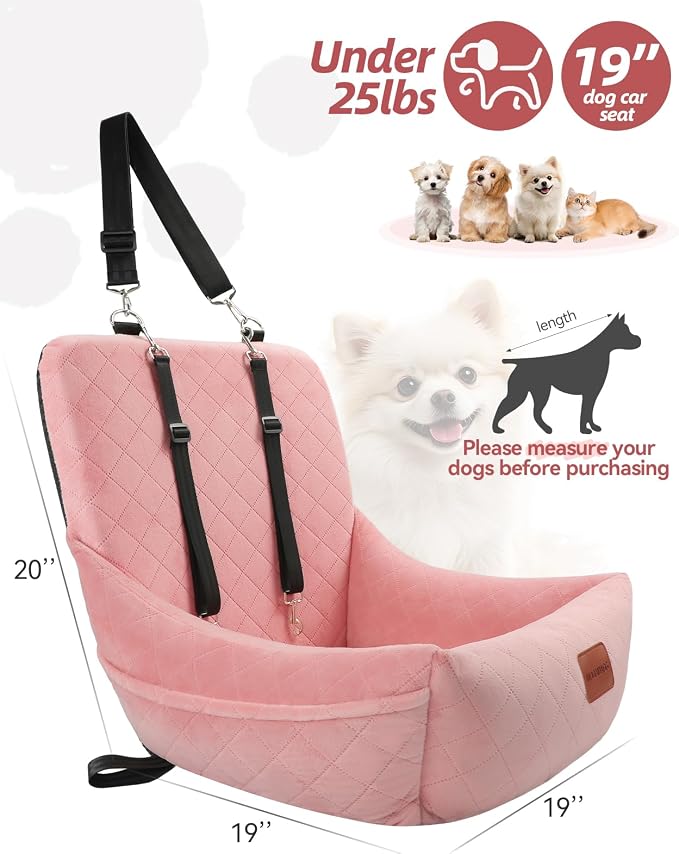 WOOAIDAGG Dog Car Seat for Small Dogs Up to 25lbs,Soft Washable Fabric Fill in Memory Foam,Easy to Assemble with 2 Clip-On Safety Leashes and Storage Pockets,Front or Back Seat are Both OK (Pink) - Image 2