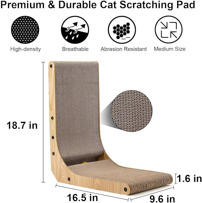 FUKUMARU Cat Scratcher, 18.7 Inch L Shaped Cat Scratch Pad Wall Mounted | Vertical Cat Scratching Board with Ball Cat Toy for Indoor Cats, Cardboard Cat Scratcher for Wall Sofa Couch - Image 3