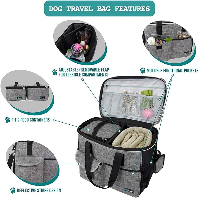PetAmi Dog Travel Bag Organizer, Pet Travel Kit with 2 Food Containers & 2 Collapsible Dog Bowls, Pet Supplies Tote with Luggage Sleeve, Weekend Road Trip Camping Essentials, Gray, Large - Image 4