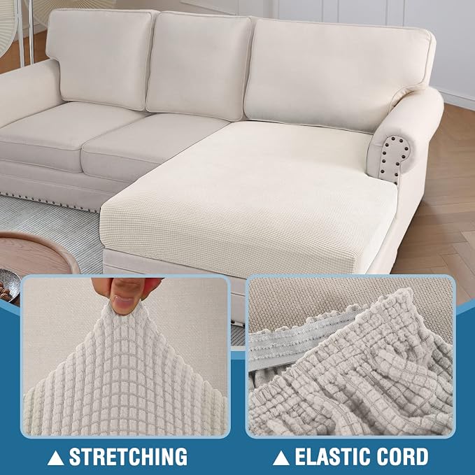 H.VERSAILTEX Sectional Couch Covers 1 Piece Chaise Slipcover L Shape Separate Cushion Couch Cover for Both Left/Right Sectional Couch (Seat Only: 1 Chaises, Ivory) - Image 6