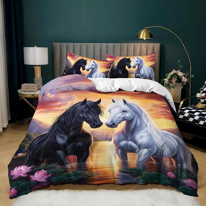 AILONEN Black & White Horse Printed Bedding Sets for Kids Teens Adults, Full,Farm Country Animal Duvet Cover Set,Wildlife Themed Comforter Cover with 2 Pillowcase,3-Piece,Soft Microfiber by AILONEN