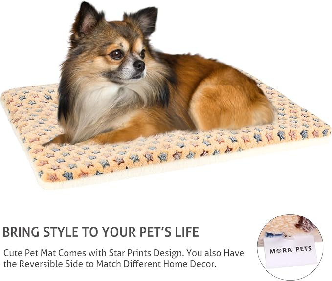 Mora Pets Dog Bed Crate Pad Ultra Soft Pet Mat Star Print 22 Inch Brown | Washable Crate Mat for Large Medium Small Dogs, Reversible Fleece Dog Crate Kennel Mat Flat Cat Bed Liner - Image 3