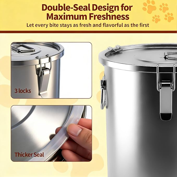 304 Stainless Steel Dog Food Storage Container, 25LB/30LB Airtight Pet Food Container with Locking Lid & Silicone Seal, Large Metal Food Storage Bin for Dry Dog/Cat Food, Rice, Flour (25 LBS) - Image 3