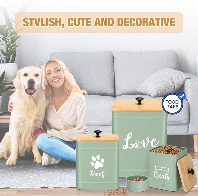 Jingmore Metal Dog Treat Containers Set of 3 with Bamboo Lids and Spoon Airtight 7+3+2 lbs Dog Food Snack Jars with DIY Labels Big Pet Cookie Storage Jar for Kitchen Counter (Sage Green,Cute) - Image 6