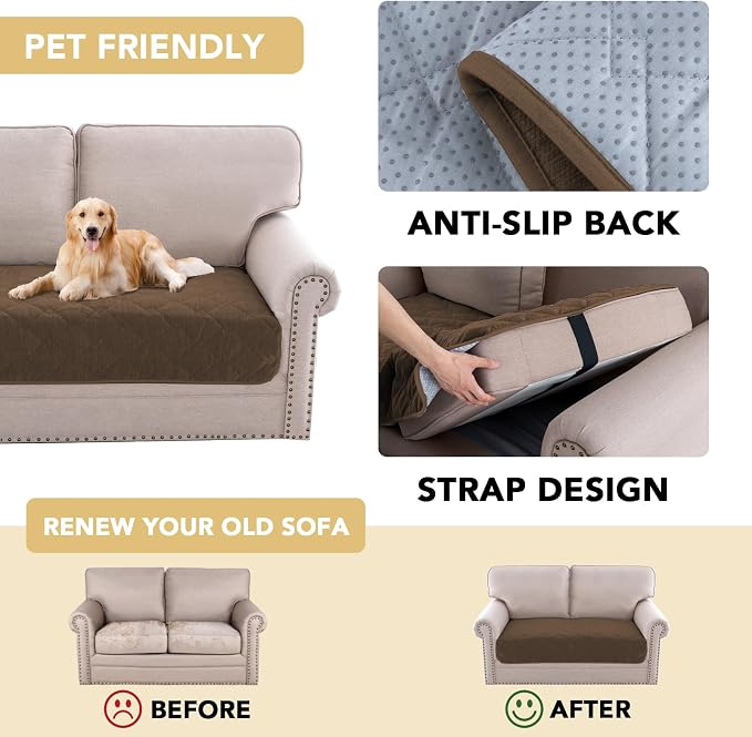 H.VERSAILTEX Couch Cover Chenille Pet Fuzzy Sofa Covers for 2 Cushion Couch Anti Slip Washable Sofa Slipcovers with Strap Soft Couch Protector Cover for Dogs Cats Kids(34.5" x 63",Coco Mocha) - Image 4