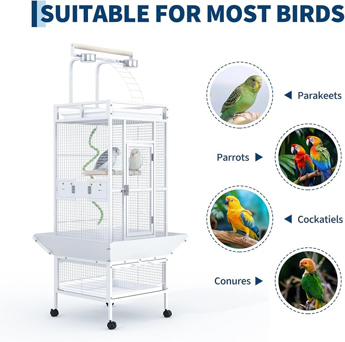 60" h Large Bird Cage, Indoor Parakeet Cage with Playtop, Bird Rope Perche, Heavy Duty Wrought Iron Bird Cage on Wheels for Parrots, Parakeets, Cockatiels, Conures - Image 7