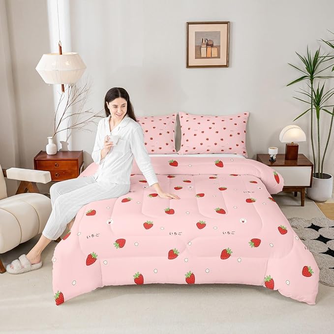 Girls Strawberry Comforter Set Twin Kawaii Strawberry Comforter For Kids Japanese Style Pink Cute Cartoon Fruit Food Theme Bedding Set Girly White Floral Down Comforter Reversible Soft Lightweight - Image 4