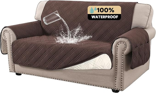 PrinceDeco 100% Waterproof Loveseat Covers for 2 Cushion Couch Sofa Covers Waterproof and Washable Sofa Slipcover with Side Pocket Furniture Protector with Elastic Straps(Loveseat 48", Brown) by PrinceDeco
