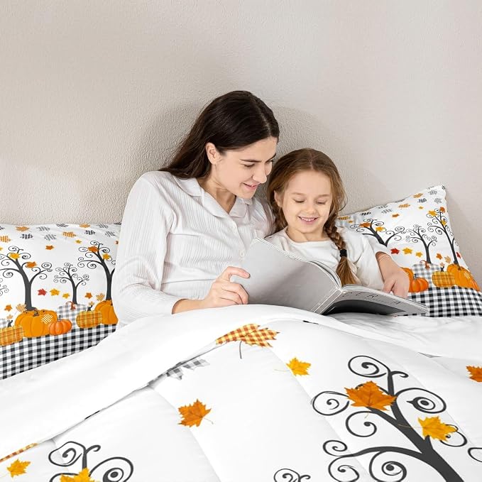Fall Pumpkin Harvest Comforter Set Queen Size,Kids Adults Bedroom/Country Cottage Decor,Black White Plaid Bedding Set,Maple Autumn Leaves Down Comforter,Rustic Bright Duvet Insert,3pcs,2 Pillowcases - Image 5