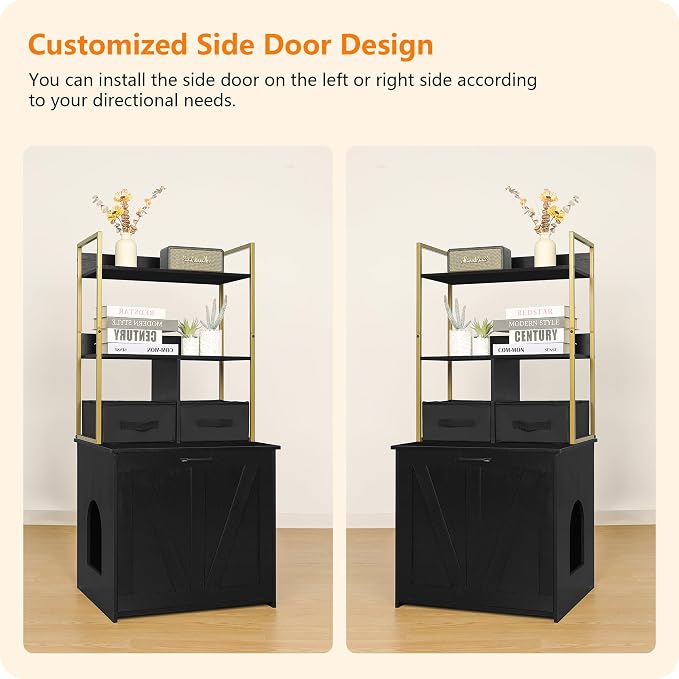 Dwanton Litter Box Enclosure with 2 Storage Shelves and 2 Drawers, 2-in-1 Hidden Cat Litter Box Enclosure Furniture with Shelf, Reversible Entrance, Washable Drawers, 50-Inch, Black+Gold - Image 2
