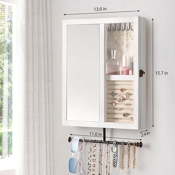 Keebofly Wall Jewelry Organizer Cabinet with Mirror,Rustic Wood Storage for Necklaces, Earrings, Bracelets & Rings, Large-Capacity Hanging Cabinet – White - Image 7