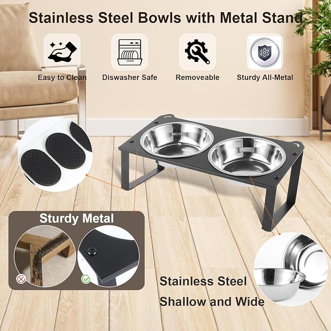 1 Set Elevated Cat Food Water Bowls, 4 Replacement Stainless Steel Bowls for Indoor Pet with Cute Metal Stand, 10° Tilted Anti-Vomiting Raised Wide Shallow Cat Dishes Whisker Friendly for Kitten,Puppy - Image 4
