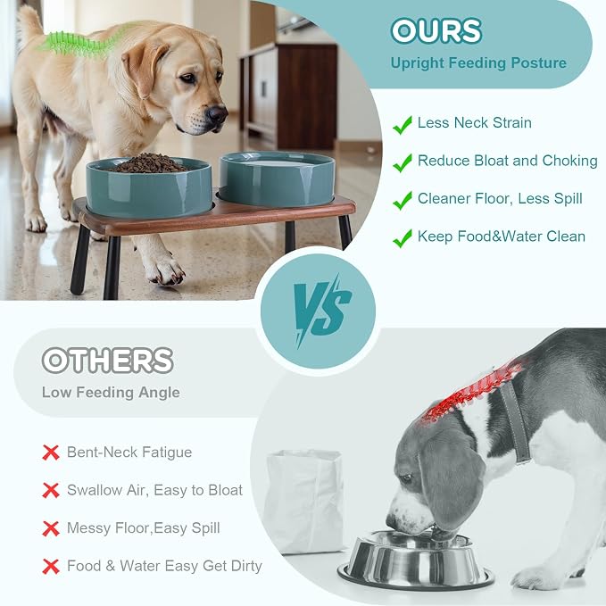 SPUNKYJUNKY Ceramic Elevated Dog Bowls Raised with Acacia Bamboo Wooden Stand, 8.3'' Dog Food Water Bowls Set Non-Slip for Medium Large Sized Breed Microwave Dishwasher Safe - 60 OZ,Dark Green - Image 3