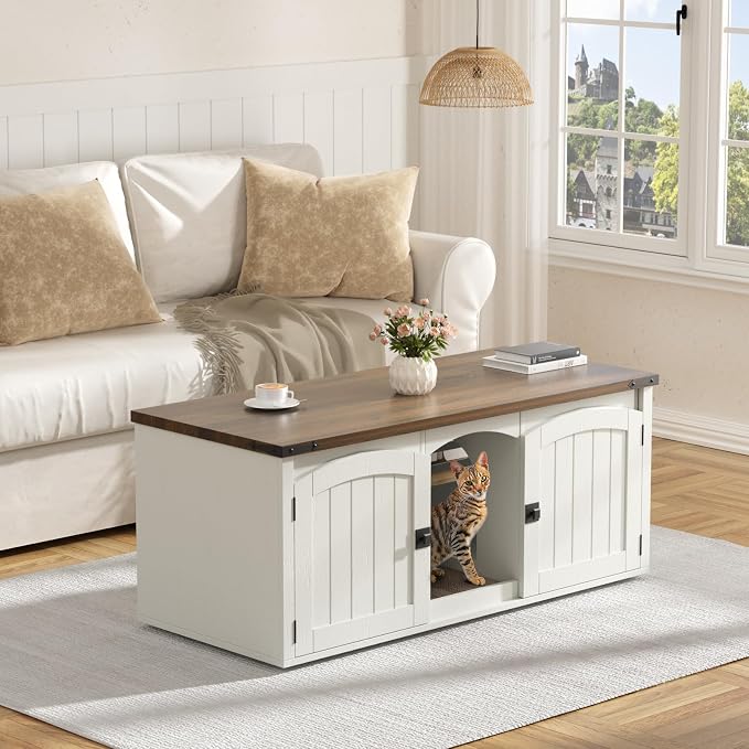 Halitaa Double Cat Litter Box Enclosure, Hidden Litter Box Furniture for 2 Cats, Farmhouse Cat House with Scratch Pad for 2 Litter Boxes, Wooden Enclosed Litter Box Furniture, Entryway Bench, White - Image 3