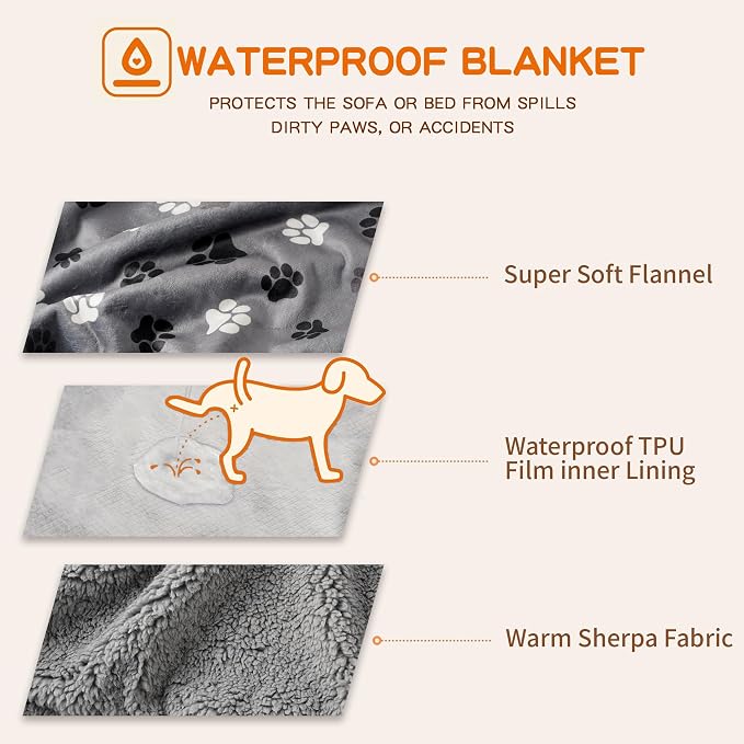 Waterproof Dog Blankets Pet Blanket, 30"x40" Cat Blanket for Indoor Cats, Soft Fluffy Sofa Car Bed Protector, Reversible Sherpa Fleece Puppy Blanket for Small Medium Dogs(Dark Grey-Paws) - Image 3