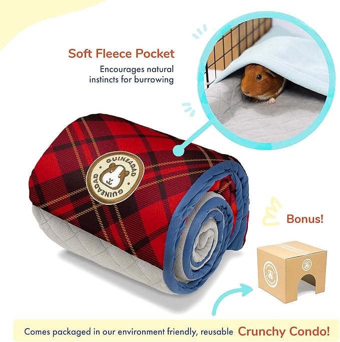 GuineaDad Original Reusable Cage Liner – Plaid Red Fleece Bedding with Burrowing Pocket – Extra Absorbent Core & Waterproof Bottom – Fits C&C 2x4 Guinea Pig Cages – Small Animal Supplies - Image 4
