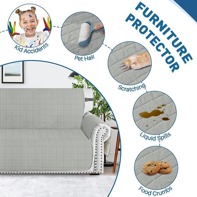MAXIJIN Waterproof Oversized Couch Covers for 3 Cushion Couch, 79" Quilted Sofa Covers Washable Pet Dog Couch Cover Protector with Elastic Strap & Side Pocket (Large Sofa, Light Gray) - Image 7