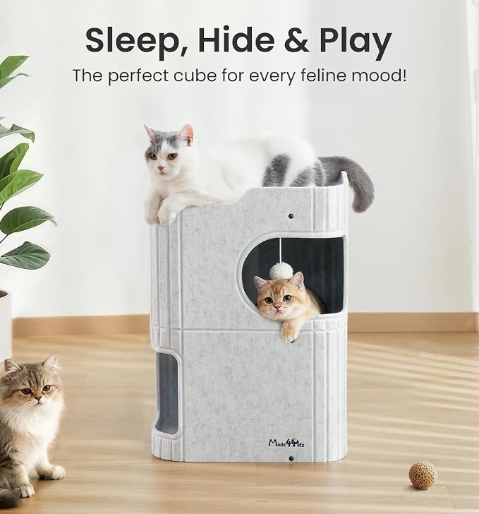 Made4Pets Cat House for Indoor Use, 2-Storey Cube Bed Cave, Covered Hideaway Condo with Scratch-Resistant Felt, Foldable Easy-to-Clean Design for Multi-Cat Homes, Marble White - Image 2