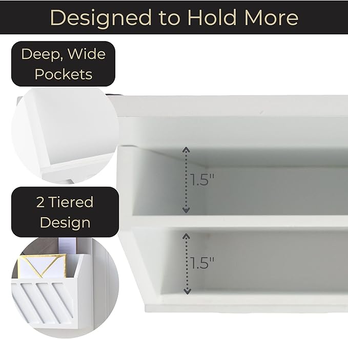 BLU MONACO | Wall Mount Key Holder with Mail Organizer | Wooden Command Center with 3 Hooks and 2-Tier Letter Pockets | Entryway Mail Sorter & Key Rack | White Geometric Wall Organizer for Office Home - Image 3