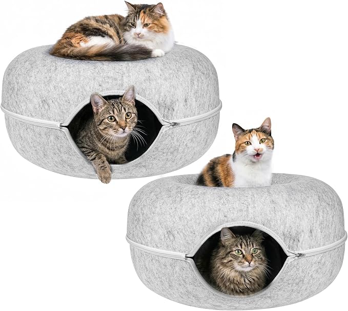 Cat Tunnel Bed for Heavy Big Cats up to 45 lbs - 24" Donut Cat Bed for Multi-Cat Home - Premium Detachable Zipper Felt Anti-Scratch Cat Cave Bed - Roomy Non-Collapsing Cat Hideaway & Peekaboo Toy by Unknown