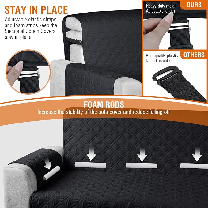 VANSOFY Sectional Couch Covers 100% Waterproof L Shaped Sofa Slipcover 3pcs Reversible Chaise Lounge Cover for Sectional Sofa Furniture Protector Cover for Pets Cat Dog(X-Large, Blcak) - Image 7