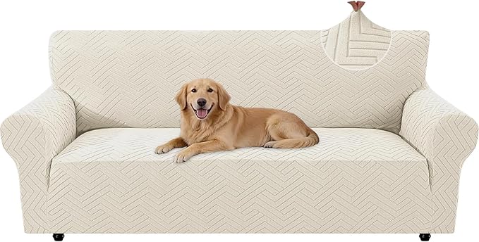 Stretch Sofa Cover Non-Slip Washable Furniture Protector | Stretch, 71"-91".Soft, Non Skid Foam, Elastic Bottom, Machine Washable, for Kids & Pets, Couch & Sofa, Beige White by YSTELLAA