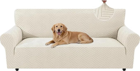 Stretch Sofa Cover Non-Slip Washable Furniture Protector | Stretch, 71"-91".Soft, Non Skid Foam, Elastic Bottom, Machine Washable, for Kids & Pets, Couch & Sofa, Beige White by YSTELLAA