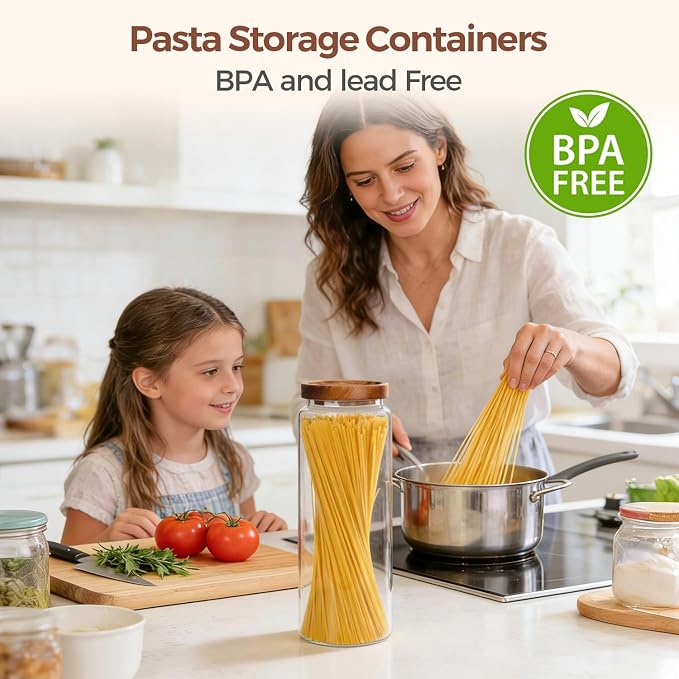 ComSaf Glass Pasta Storage Containers with Acacia Wood Lids 1.7Qt 3Pack | 11.3in Tall jar, for Cooks, Spaghetti Pasta Oats Cereal Beans, Kitchen Pantry Cabinet, Long Canisters with Labels, Durable - Image 2