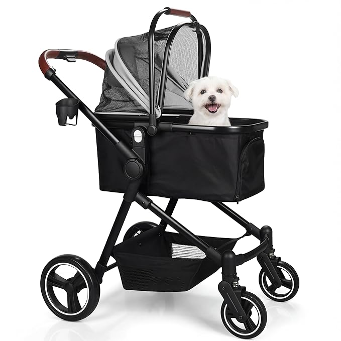 Foldable Dog Stroller, 3 in 1 Pet Stroller for Small Medium Dog Cat up to 50lbs, Detachble Portable Pet Bag, Storage Basket and One-Button Folding Frame