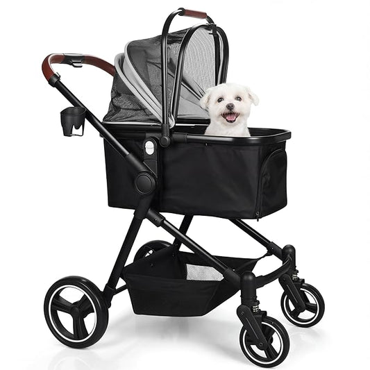 Foldable Dog Stroller, 3 in 1 Pet Stroller for Small Medium Dog Cat up to 50lbs, Detachble Portable Pet Bag, Storage Basket and One-Button Folding Frame
