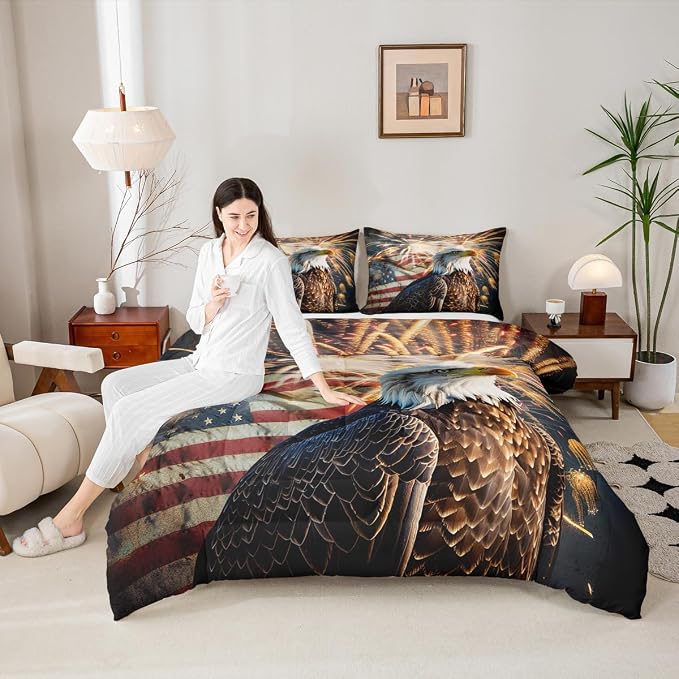 Erosebridal American Flag Comforter Eagle Room Decorative Comforter Set Full Size Firework Bedding Set Wildlife Animal Bird Down Comforter Soft Lightweight Quilt Set with 2 Pillowcases - Image 4