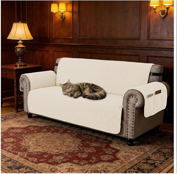 100% Waterproof Couch Cover, Straps&Pockets,pet Friendly,68" Beige | Washable sofa cover, pet-friendly, scratch-resistant furniture protector, quilted sofa cover, reversible, non-slip backing. - Image 7