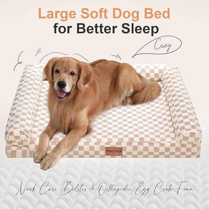 NANUYA Orthopedic Dog Bed for X-Large Dogs, 40 x 32 Inch, Pink Grid | Egg crate foam for joint support, 3-sided bolster pet sofa, waterproof lining, washable cover, and non-skid base - Image 2