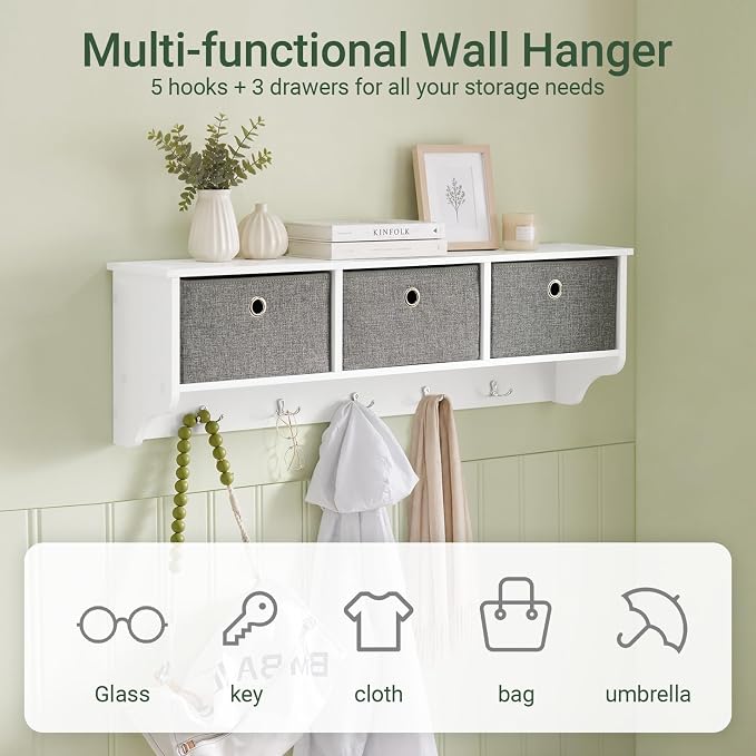 Haotian SoBuy Wall Shelf with Hooks, Coat Rack Wall Mounted with Shelf | Wall Cubby Storage Organizer with 3 open wall cubbies and 5 sturdy hooks, White, FRG282-W - Image 3