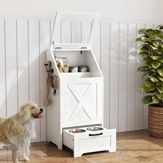 Dog Feeding Station with Storage Cabinet and 2 Elevated Dog Bowls, Hidden Pet Food Storage Organizer for Dog &Cat,Modern Dogs Furniture (White) by Unknown