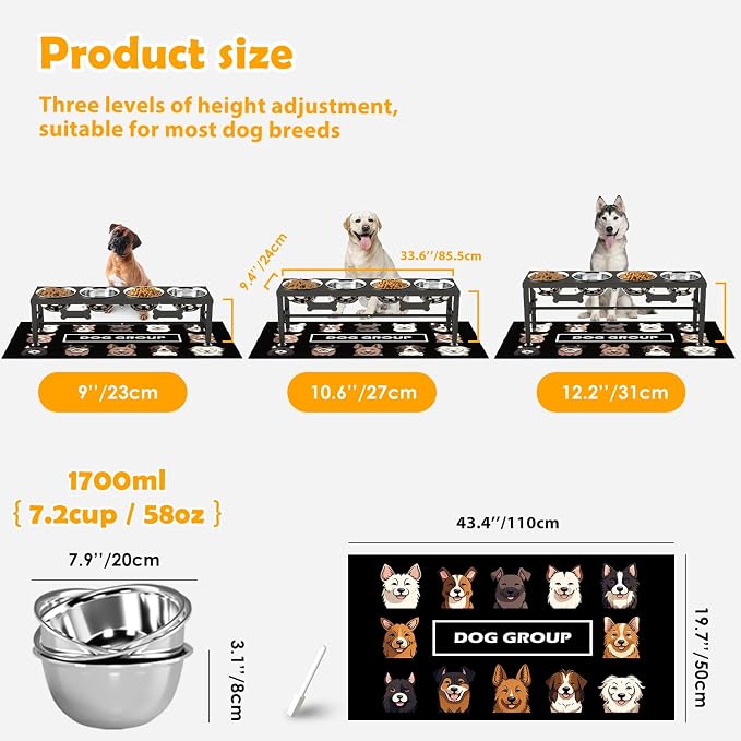 4-Bowl Elevated Dog Bowl Stand – 4 Adjustable Heights with 58oz/1700ml Stainless Steel Bowls & Splash Pad for Medium & Large Breeds, Multi-Pet Households - Image 4