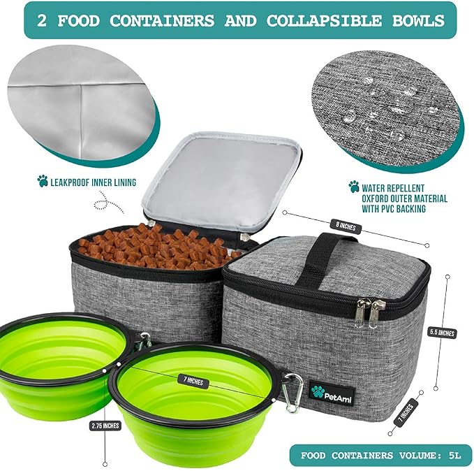 PetAmi Dog Travel Bag Organizer, Pet Travel Kit with 2 Food Containers & 2 Collapsible Dog Bowls, Pet Supplies Tote with Luggage Sleeve, Weekend Road Trip Camping Essentials, Gray, Large - Image 3