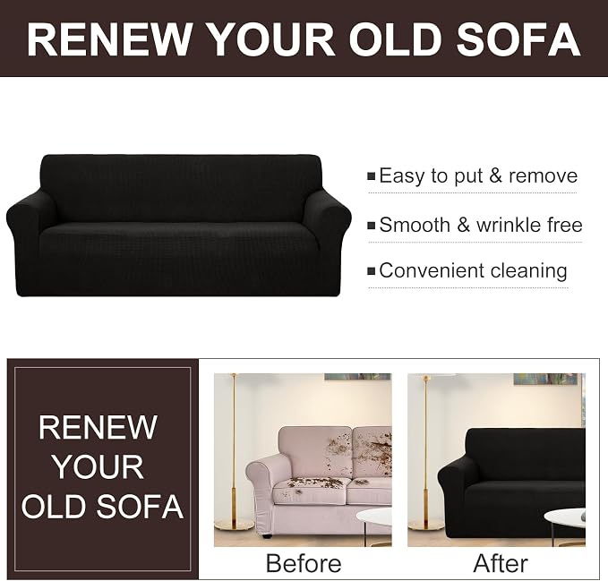 U-NICE HOME Stretch Couch Cover Slipcover for 3 Cushion Sofa, Black | 1-Piece Sofa cover, Washable, Pet friendly, Furniture protector, Polyester Spandex Jacquard fabric - Image 5