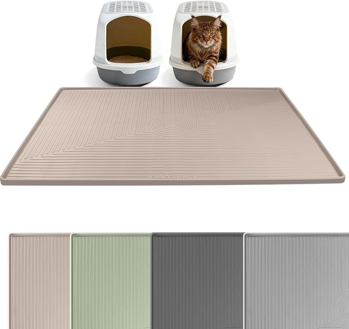 Silicone Cat Litter Mat 50" x 36" Cat Mat for Litter Box, Khaki | Extra Large Cat Litter Trapping Mat for Floor, Waterproof, Non-Slip Kitty Litter Box Mat with Raised Edge, Easy to Clean by Bartuke