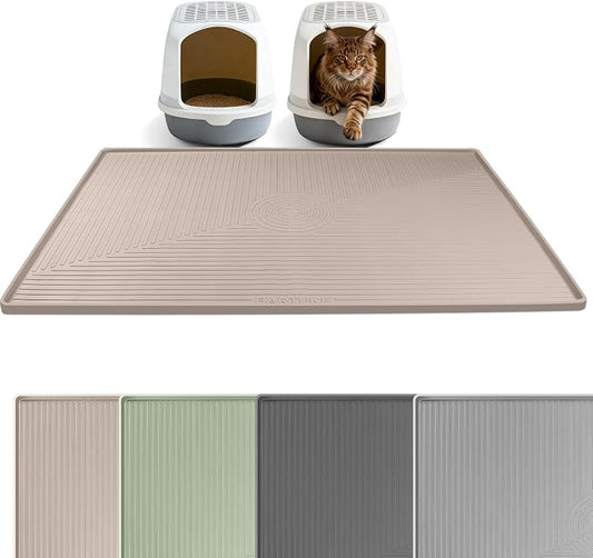 Silicone Cat Litter Mat 50" x 36" Cat Mat for Litter Box, Khaki | Extra Large Cat Litter Trapping Mat for Floor, Waterproof, Non-Slip Kitty Litter Box Mat with Raised Edge, Easy to Clean by Bartuke