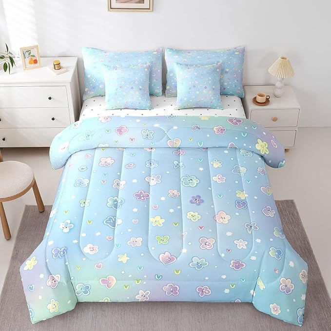 Feelyou Cute Flower 7 Piece Bedding Set Queen Size Cartoon Flower Bed in a Bag for Kids Girls Teens Toddler Rainbow Comforter Set with Sheets Cartoon Bed Set - Image 3