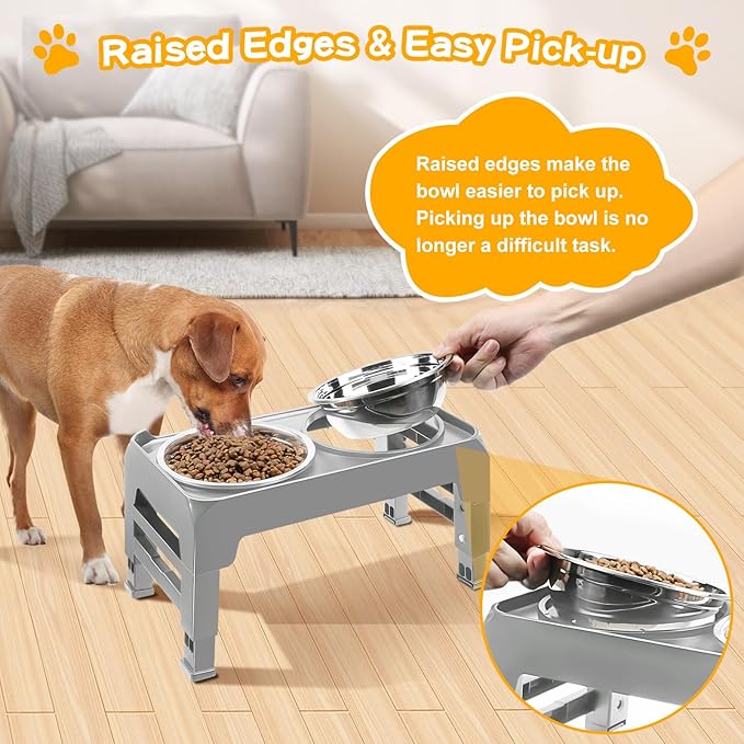 COMESOON Elevated Dog Bowls for Small Medium Dogs, 3 Height Adjustable Raised Stand with 2 Thick 6" Stainless Steel Food Bowls, Non-Slip Feeder Adjusts to 2.75", 6", 7.5", Grey - Image 5