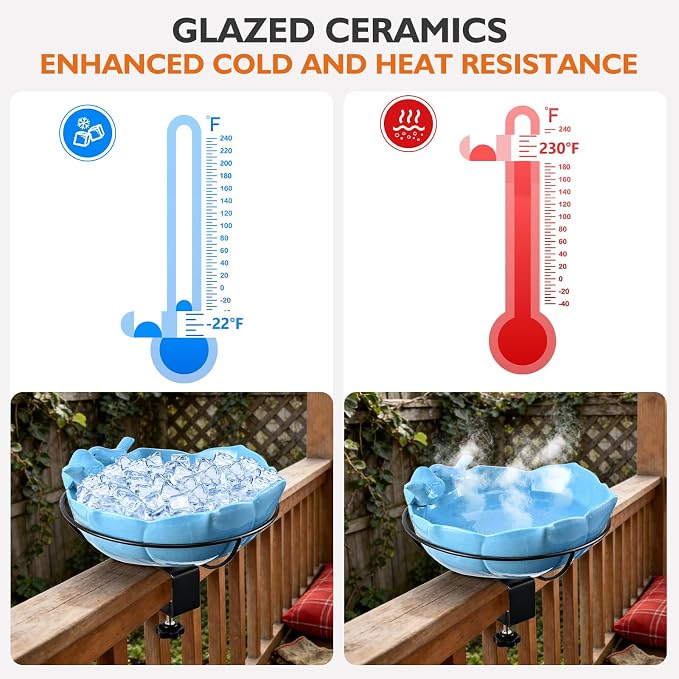 Glazed Ceramic Bird Bath for Deck Railing, 11 Inch Outdoor Deck Mounted Bird Baths Feeder Bowl with Adjustable Clamp, Easy Install Balcony Patio Birdbath for Outside Backyard Decoration, Blue - Image 4