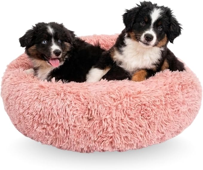 Active Pets Premium Medium Donut Dog Bed, Fits Up to 45 lbs, Machine Washable Cushion, Plush Long Pile Faux Fur Fabric, Portable Pink Pet Bed Furniture for Puppies Adult Canines & Cats by ActivePets