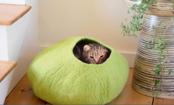 Deluxe Felt Cat Cave Bed, Eco-Friendly Handmade 100% Natural Wool Cat Bed Cave, Makes Great Covered Cat House or Cozy Cat Hideaway, Wool Cat Caves for Indoor Cats and Kittens (Lotus/Red) - Image 3