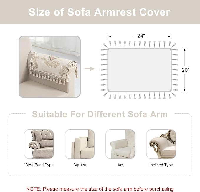 Loom and Mill Luxury Jacquard Sofa Arm Covers 2 PCS, Pearly Beige, 20x24in | Elegant Floral Couch Armrest Cover with Tassels, Non-Slip Furniture Protector for Chair Sofa Recliners Couch Dogs Pets - Image 3