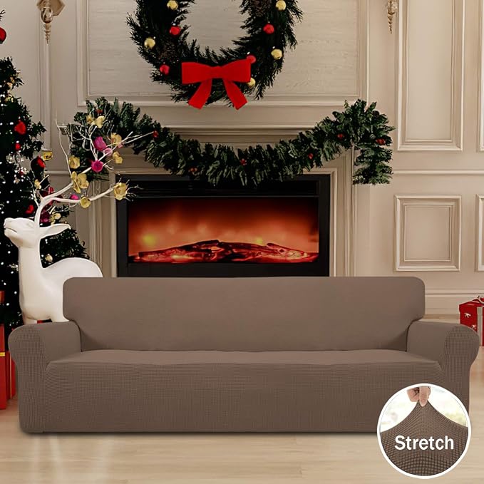 Easy-Going Stretch 4 Seater Oversized Sofa Couch Cover Brown | 1-Piece Extra X-large Sofa Cover Furniture Protector Couch Soft with Bottom for Kids, Spandex Jacquard - Image 2