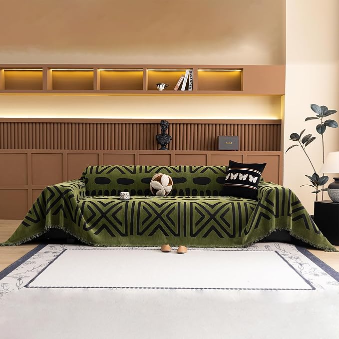 STACYPIK Black Geometric Couch Cover for Dogs Boho Dark Green Chenille Sectional Sofa Cover Non Slip Soft Tassles Couch Protector for 2 Cushion Couch Multi-Use Loveseat Throw Blanket for Pets-71X118IN by STACYPIK